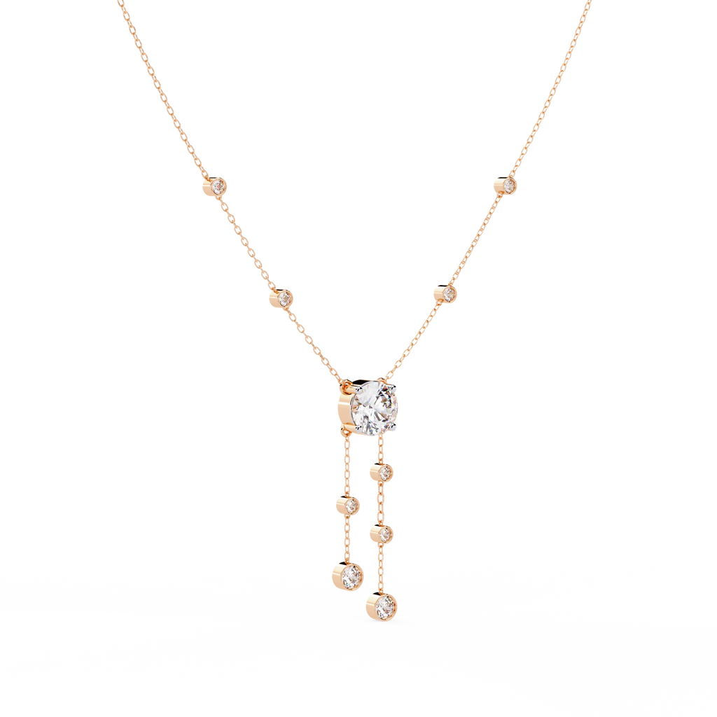 Rose Gold Cascade Solitaire Bezel Drop Diamond Necklace