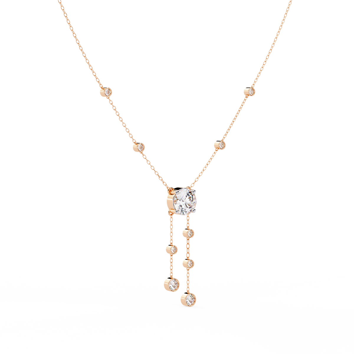 Rose Gold Cascade Solitaire Bezel Drop Diamond Necklace