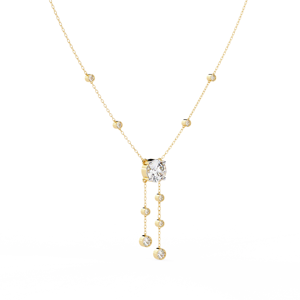 Yellow Gold Cascade Solitaire Bezel Drop Diamond Necklace