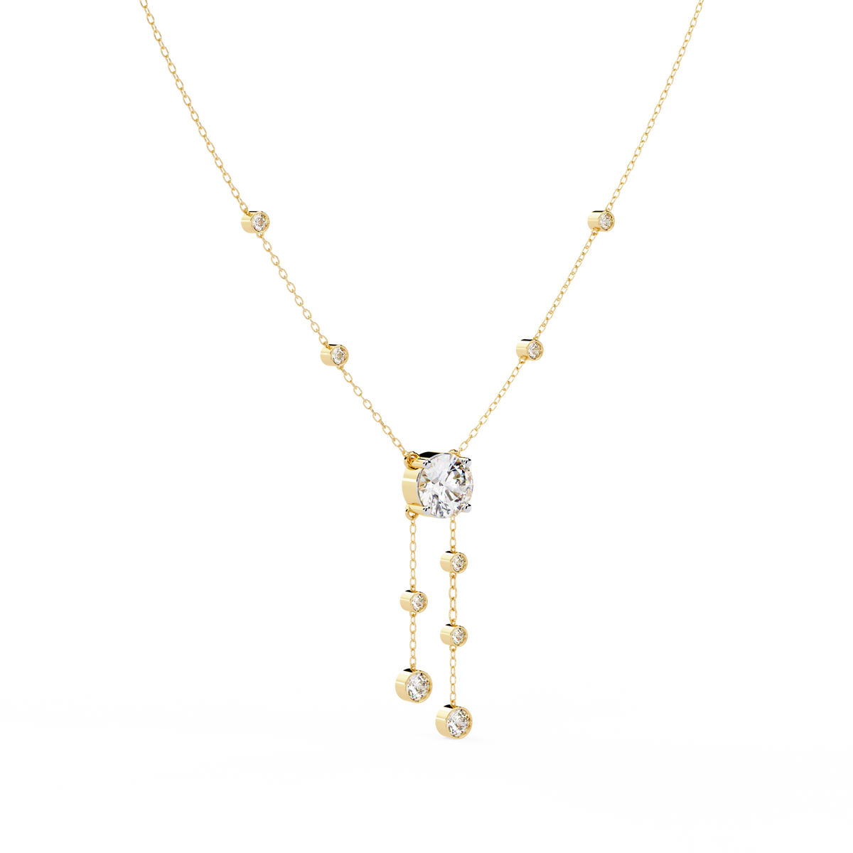 Yellow Gold Cascade Solitaire Bezel Drop Diamond Necklace