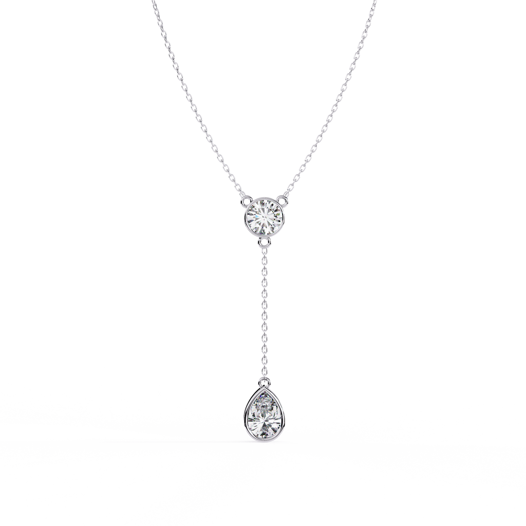 White Gold Round & Pear Bezel Lariat Drop Necklace