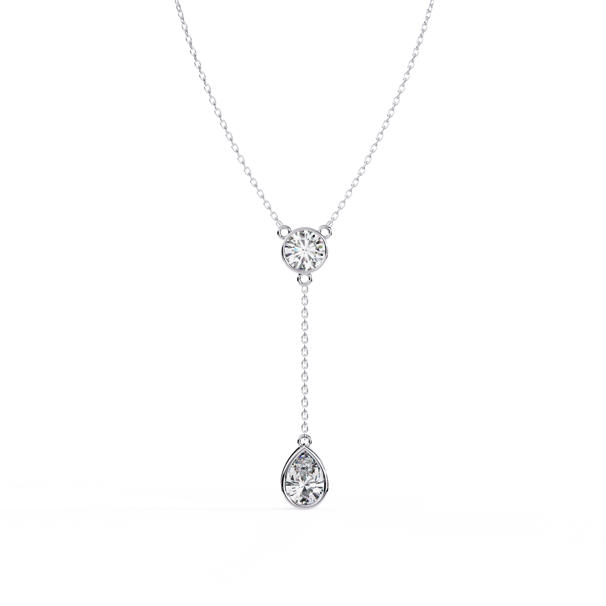 White Gold Round & Pear Bezel Lariat Drop Necklace