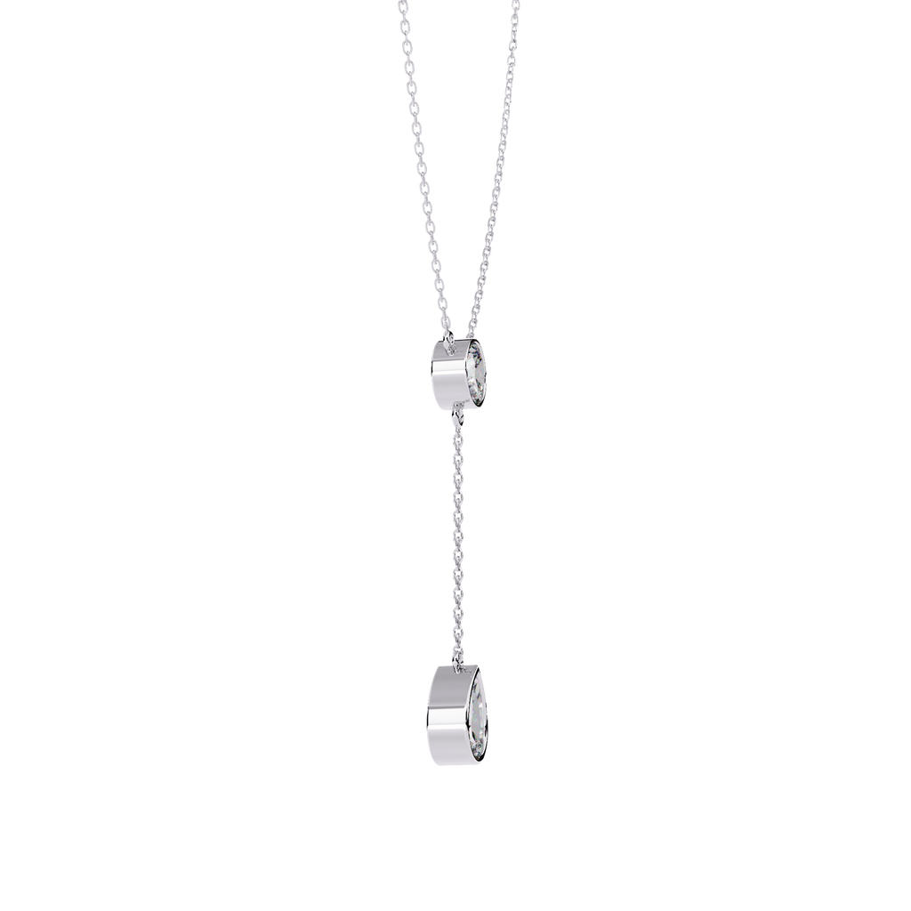 White Gold Round & Pear Bezel Lariat Drop Necklace