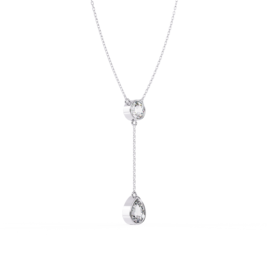 White Gold Round & Pear Bezel Lariat Drop Necklace