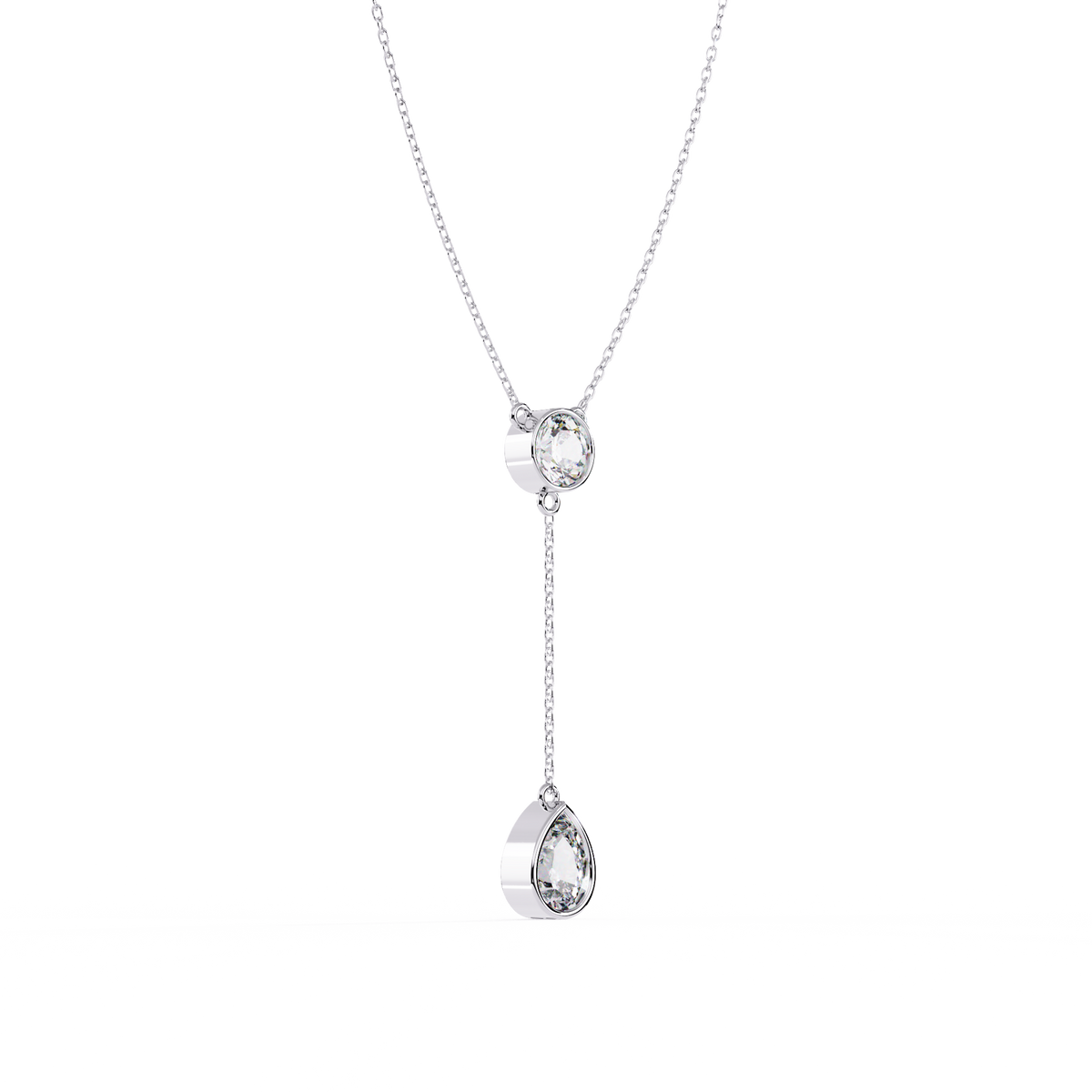 White Gold Round & Pear Bezel Lariat Drop Necklace