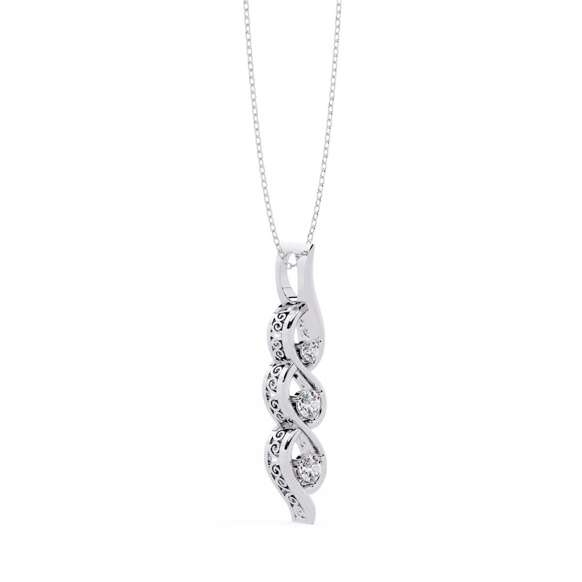 White Gold Three-Stone Twist Diamond Pendant Necklace