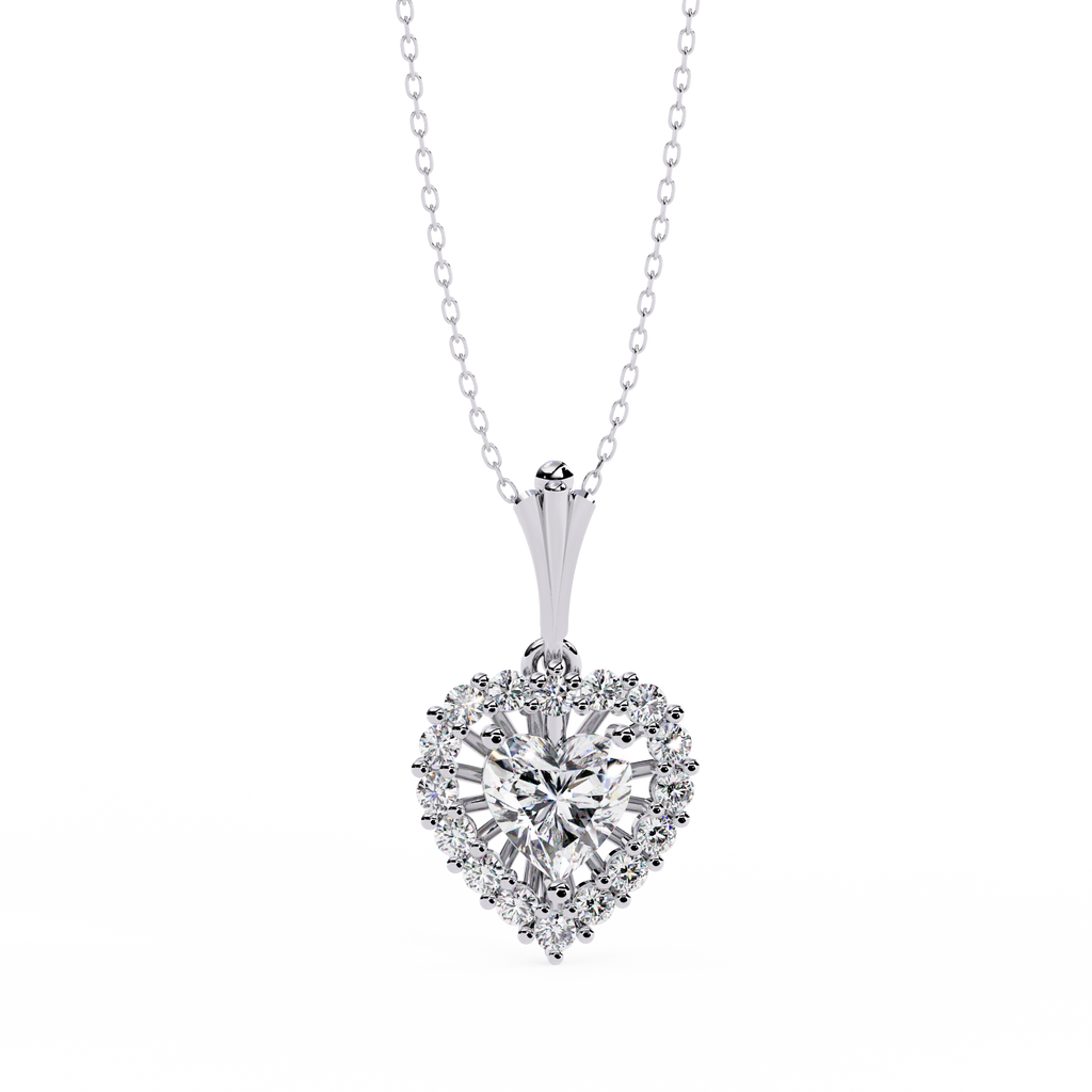 White Gold Heart Halo Diamond Pendant Necklace