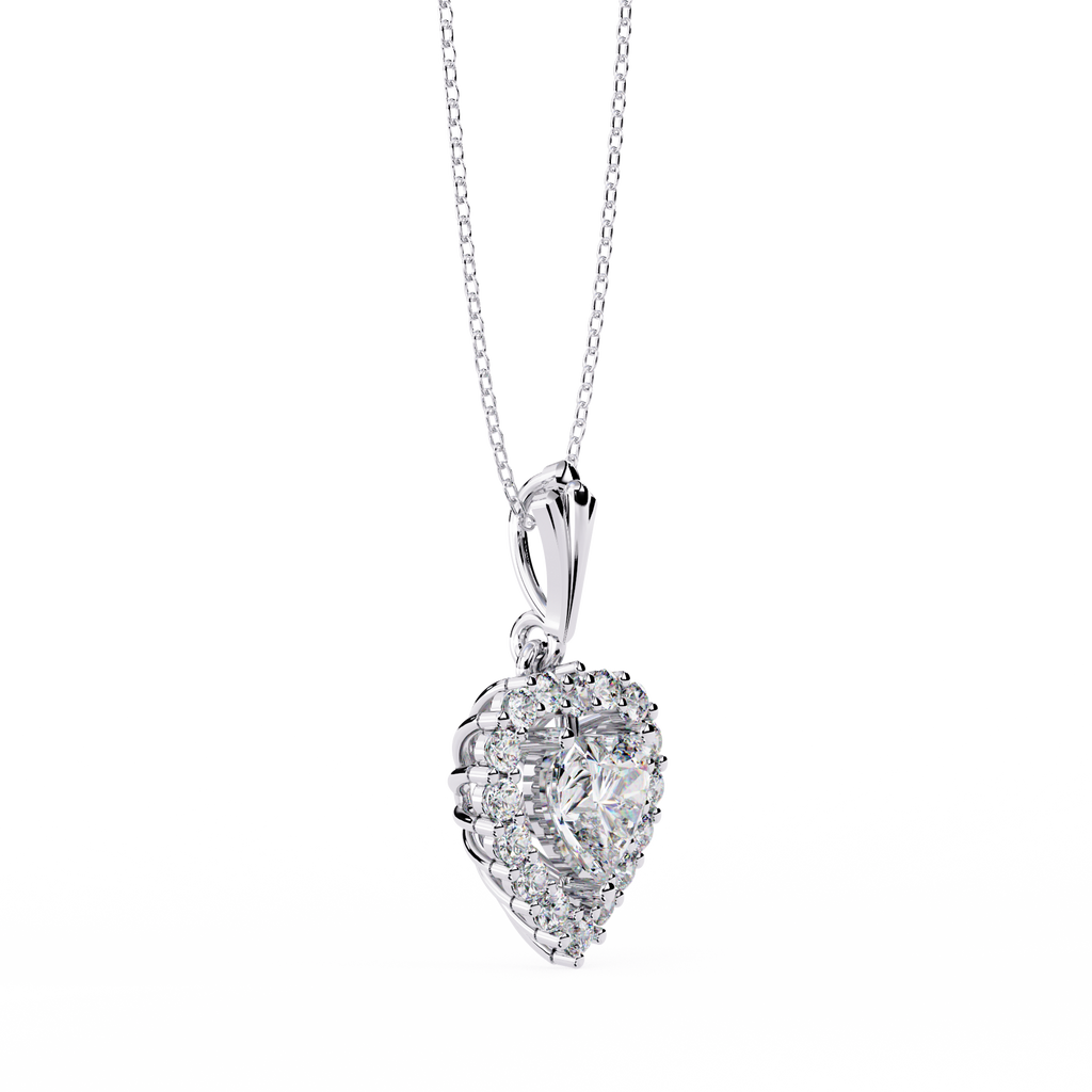 White Gold Heart Halo Diamond Pendant Necklace