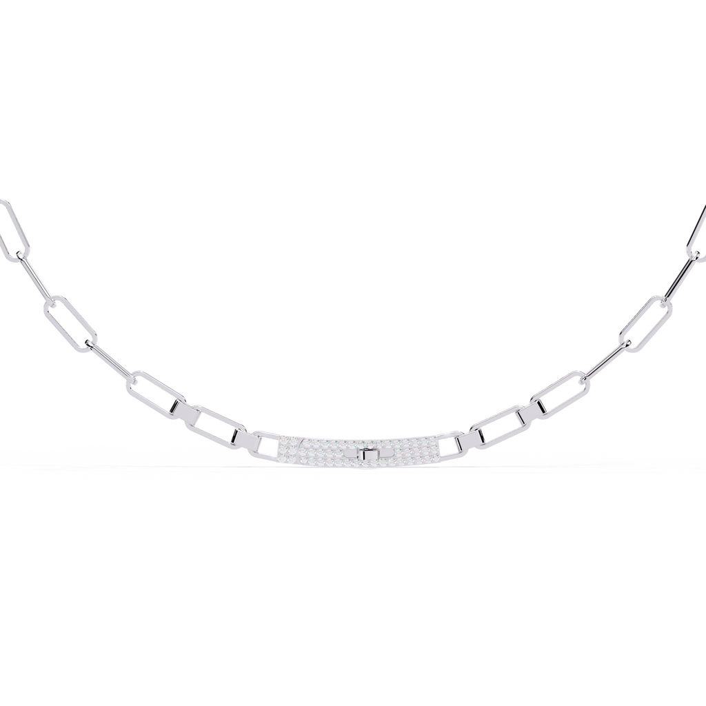 White Gold Pavé ID Bar Paperclip Chain Necklace