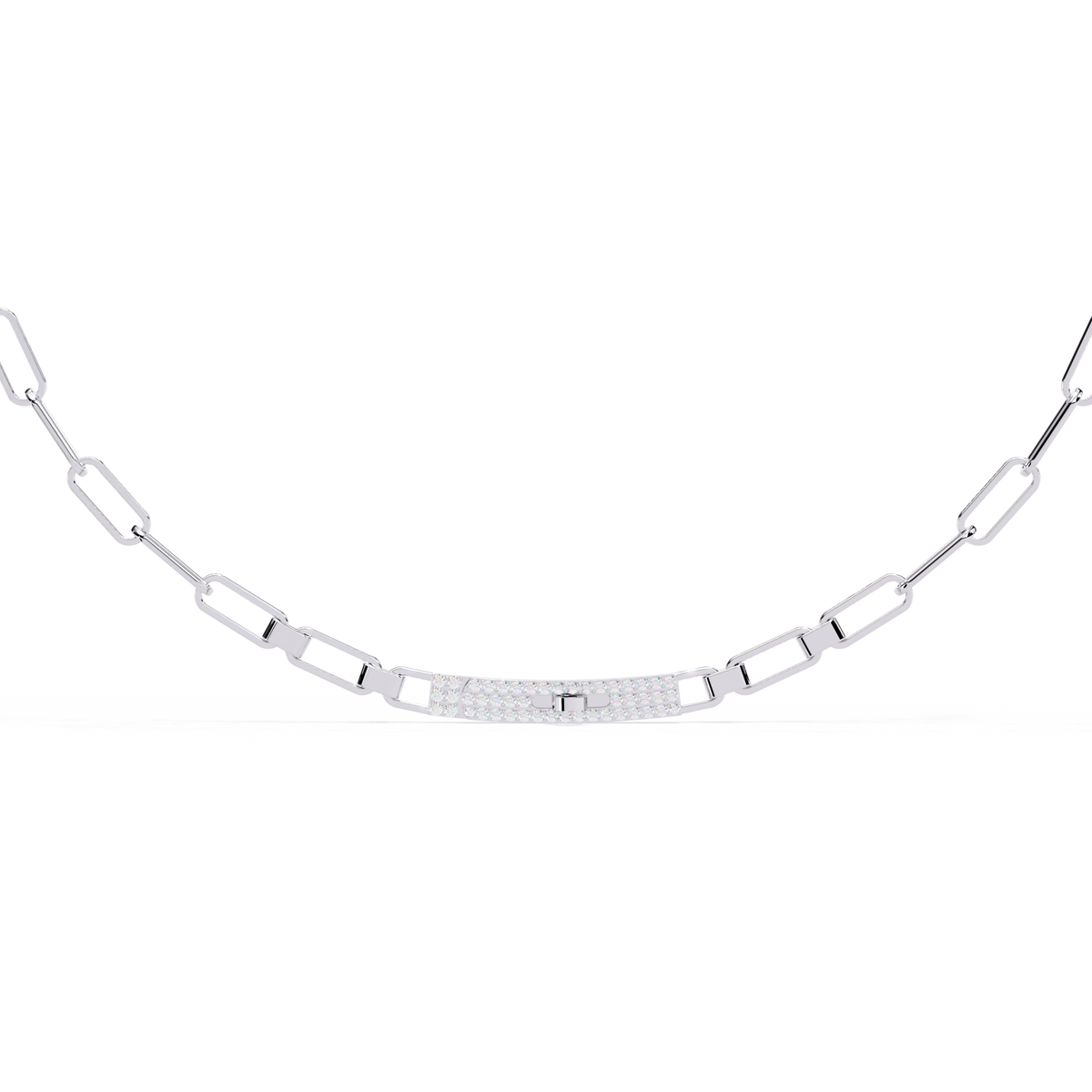 White Gold Pavé ID Bar Paperclip Chain Necklace
