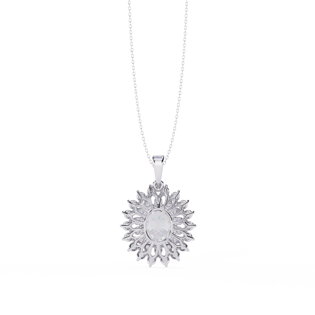 White Gold Oval Sunburst Halo Diamond Pendant Necklace