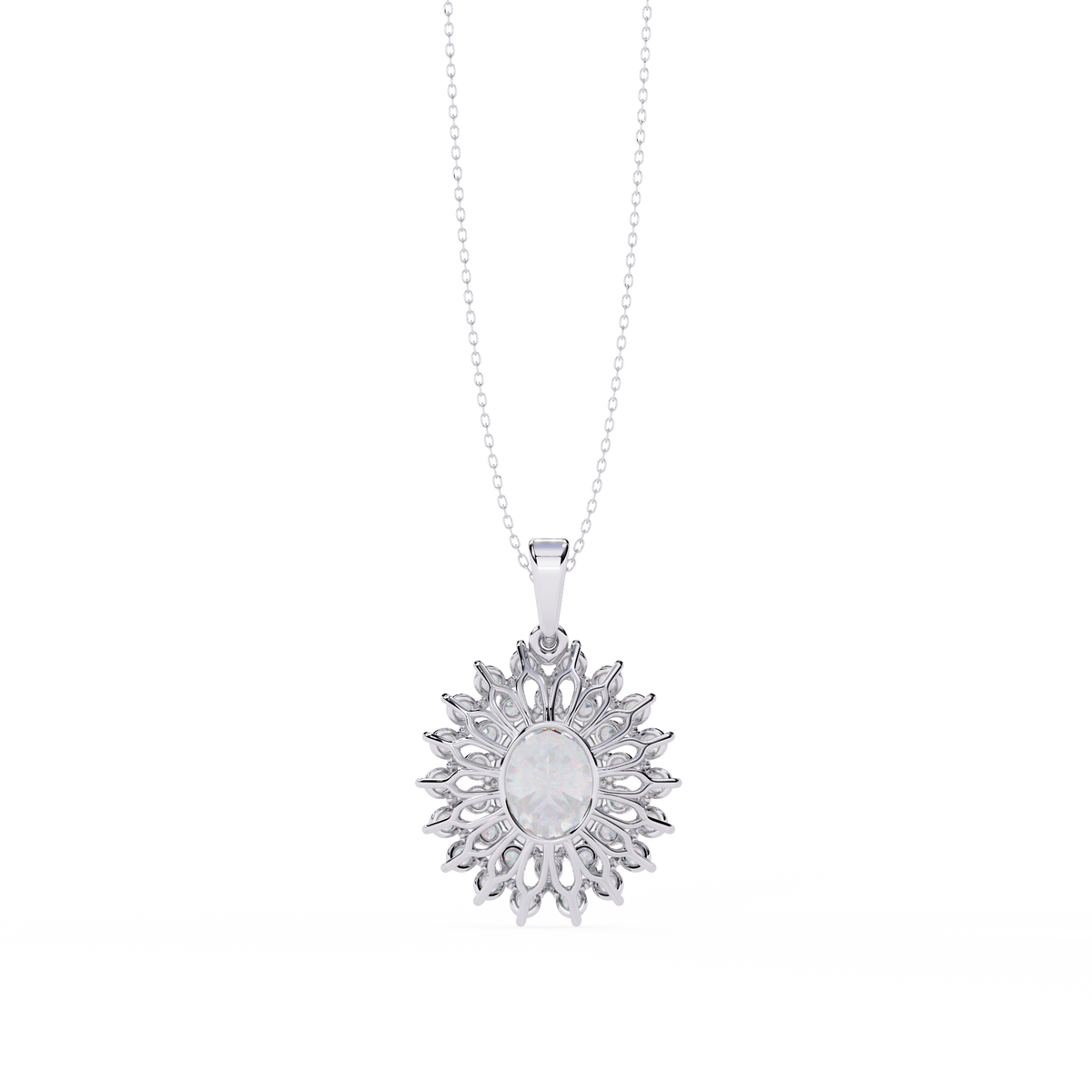 White Gold Oval Sunburst Halo Diamond Pendant Necklace