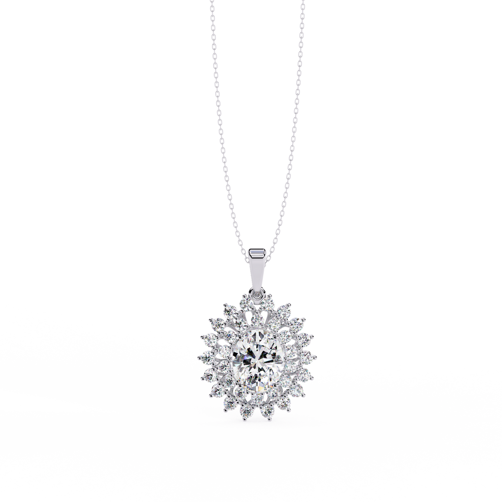 White Gold Oval Sunburst Halo Diamond Pendant Necklace