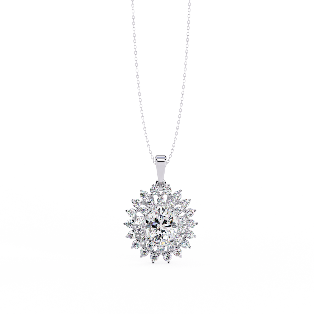 White Gold Oval Sunburst Halo Diamond Pendant Necklace