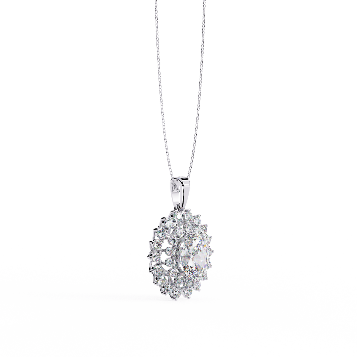 White Gold Oval Sunburst Halo Diamond Pendant Necklace