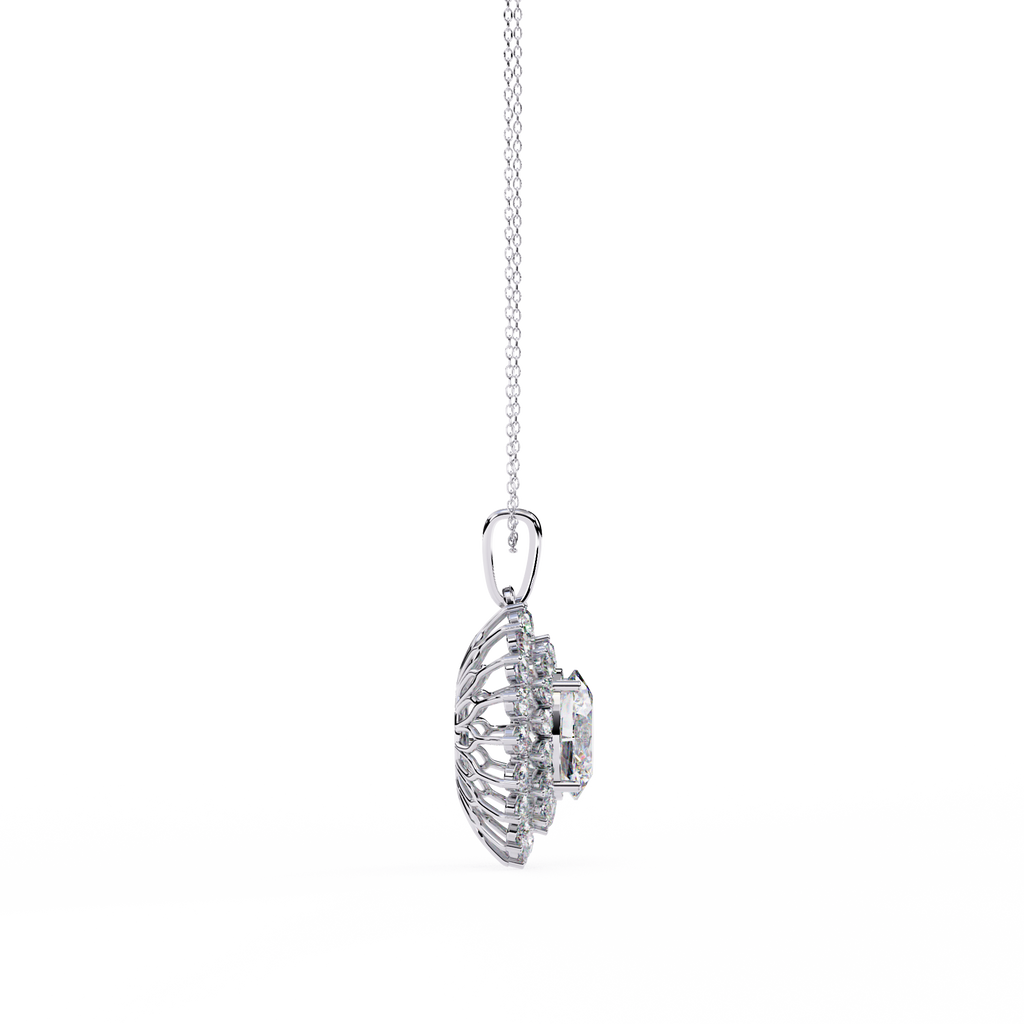 White Gold Oval Sunburst Halo Diamond Pendant Necklace