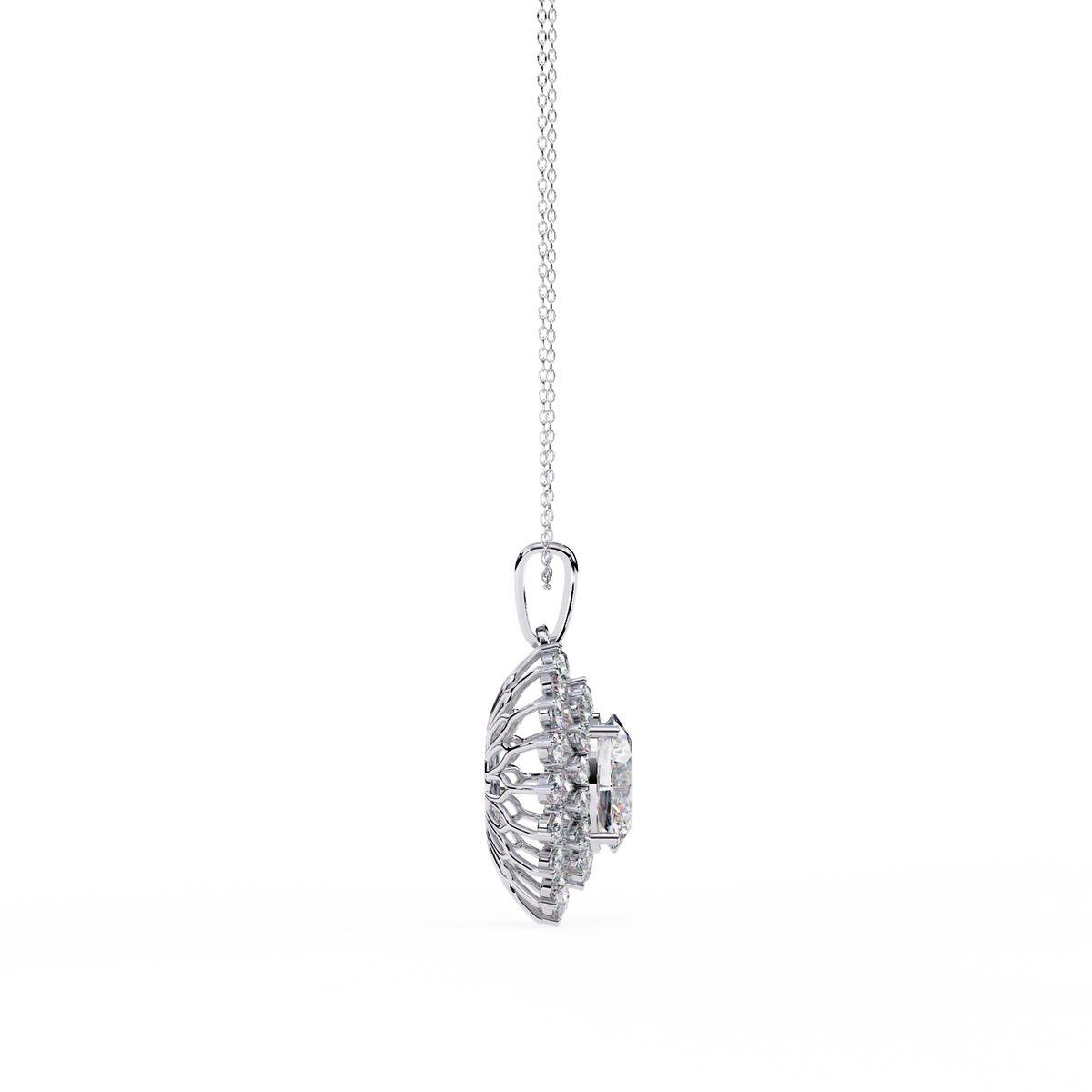 White Gold Oval Sunburst Halo Diamond Pendant Necklace
