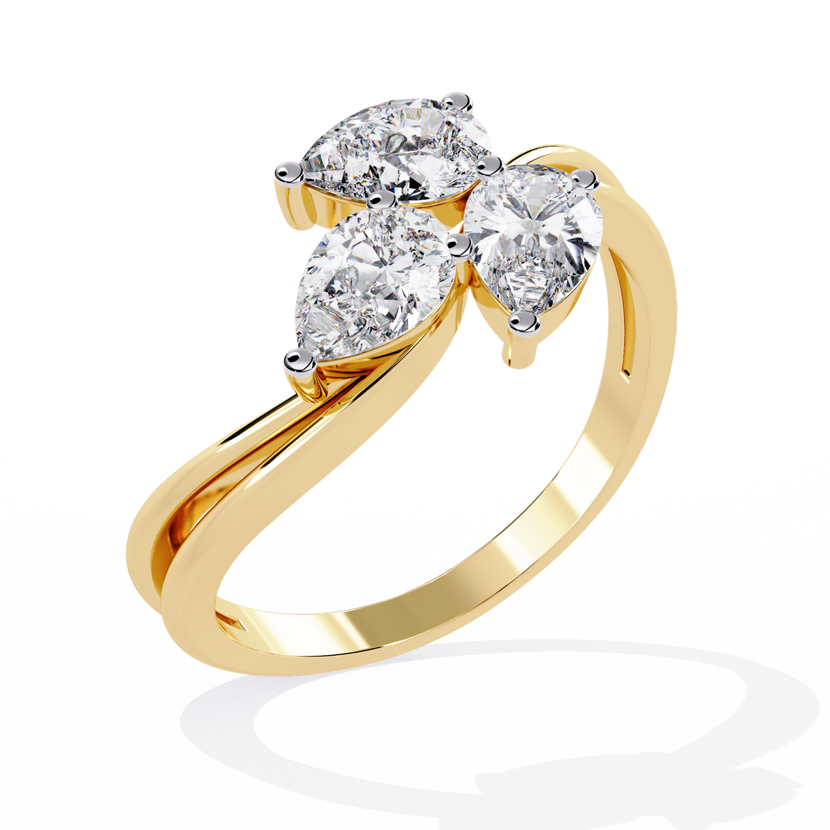 Gold Three Stone Pear Diamond Cluster Ring on Open Split Band