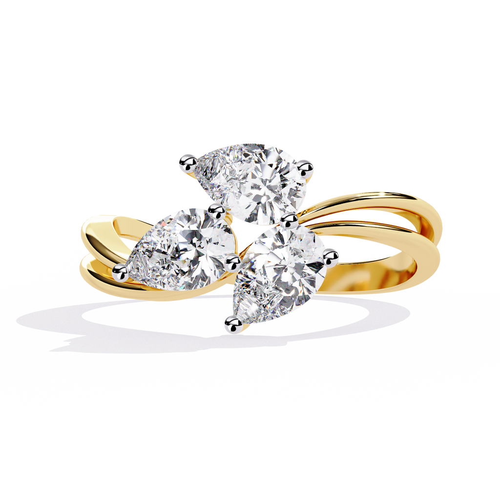 Gold Three Stone Pear Diamond Cluster Ring on Open Split Band