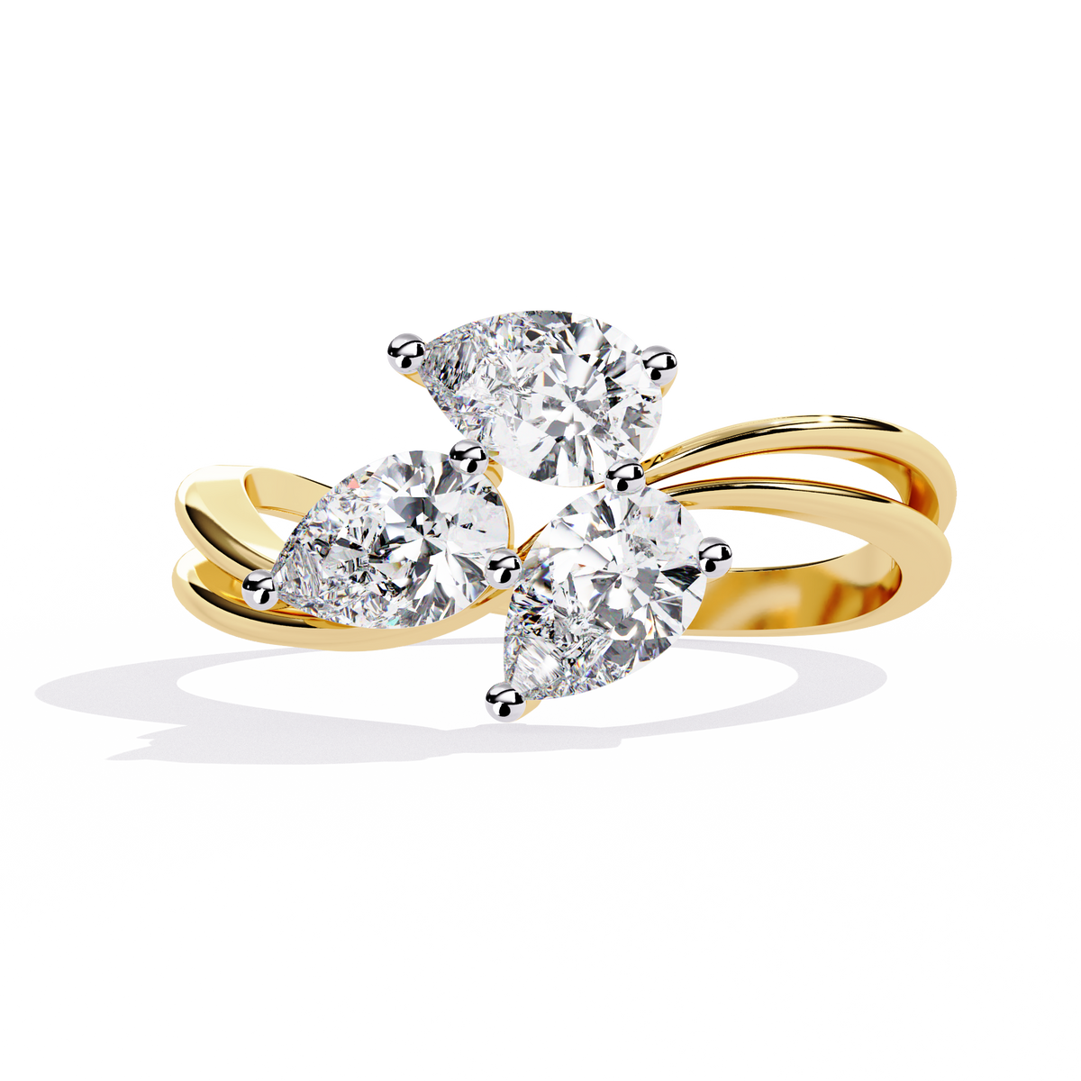 Gold Three Stone Pear Diamond Cluster Ring on Open Split Band