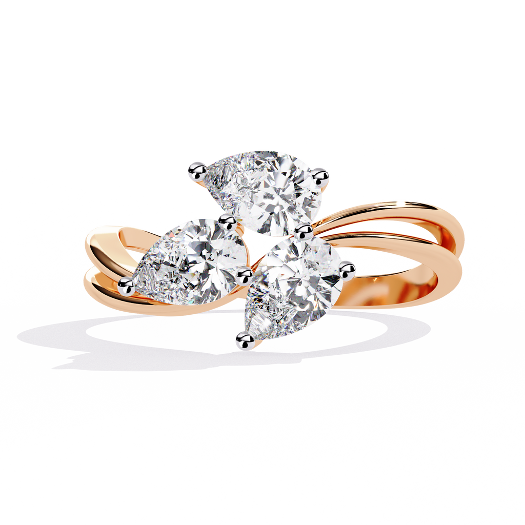 Gold Three Stone Pear Diamond Cluster Ring on Open Split Band