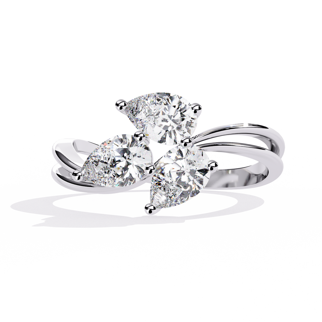 Gold Three Stone Pear Diamond Cluster Ring on Open Split Band