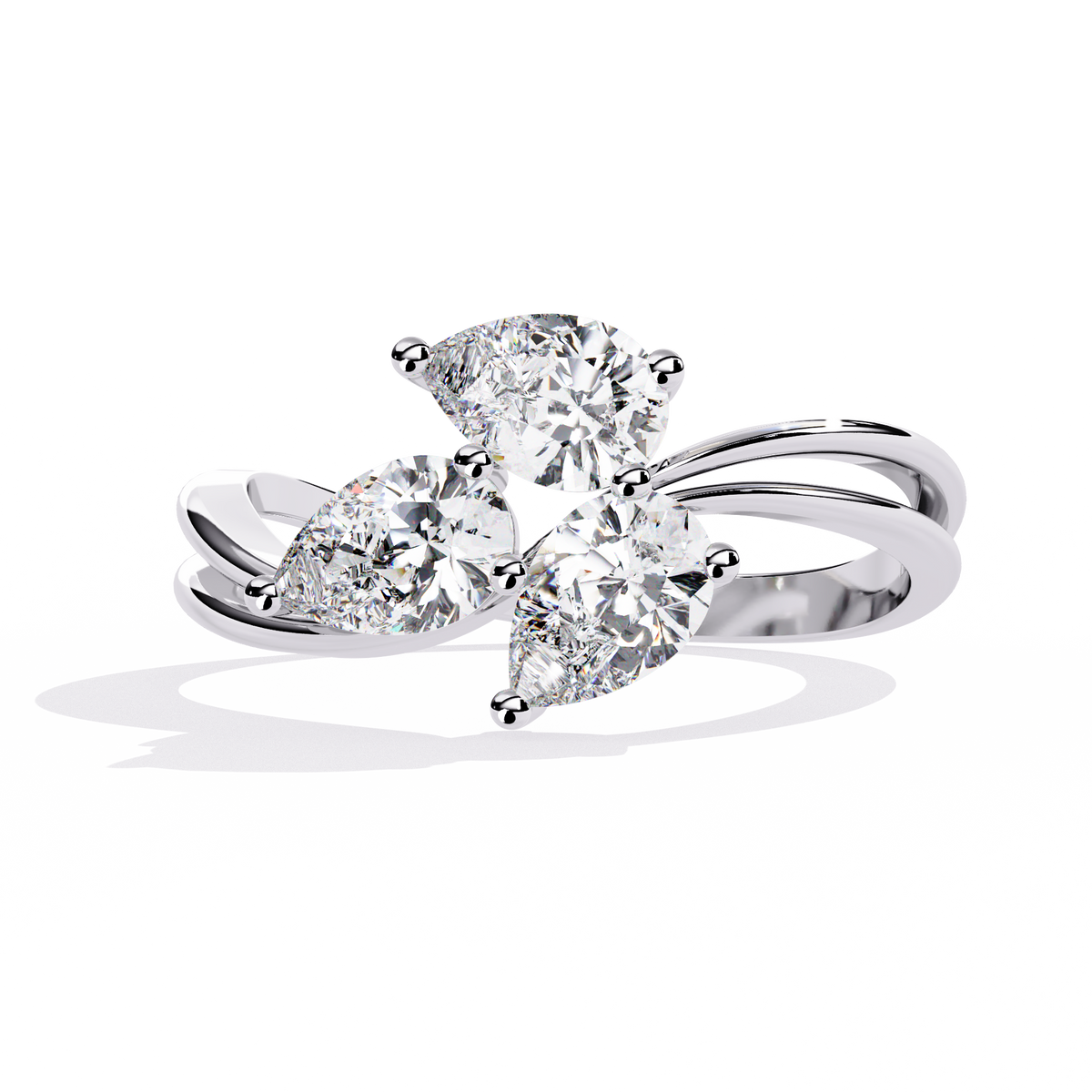 Gold Three Stone Pear Diamond Cluster Ring on Open Split Band