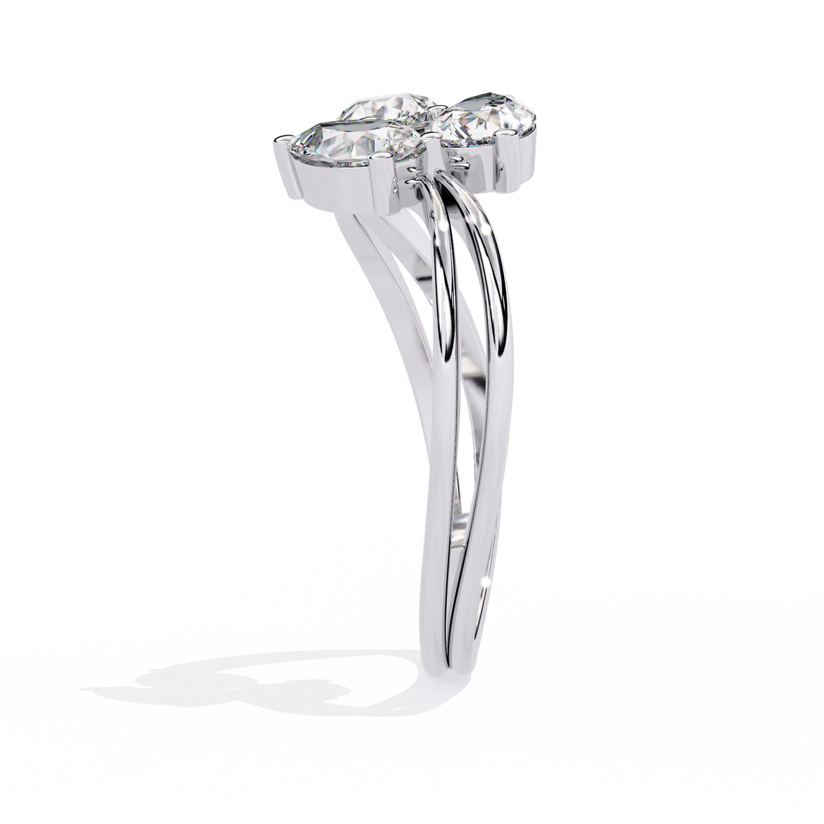 Gold Three Stone Pear Diamond Cluster Ring on Open Split Band
