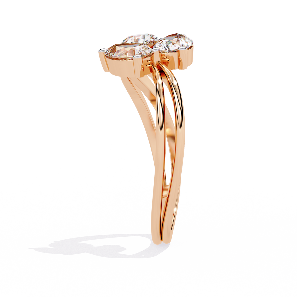 Gold Three Stone Pear Diamond Cluster Ring on Open Split Band