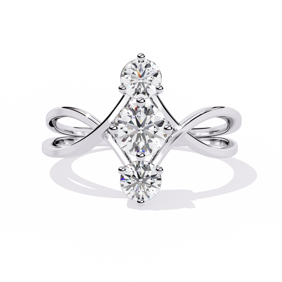 White Gold Three Round Diamond Diagonal Scroll Ring