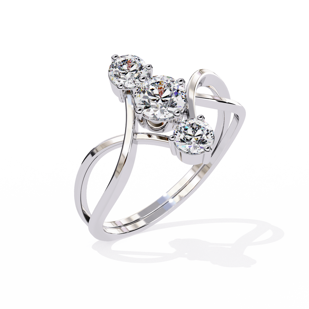 White Gold Three Round Diamond Diagonal Scroll Ring