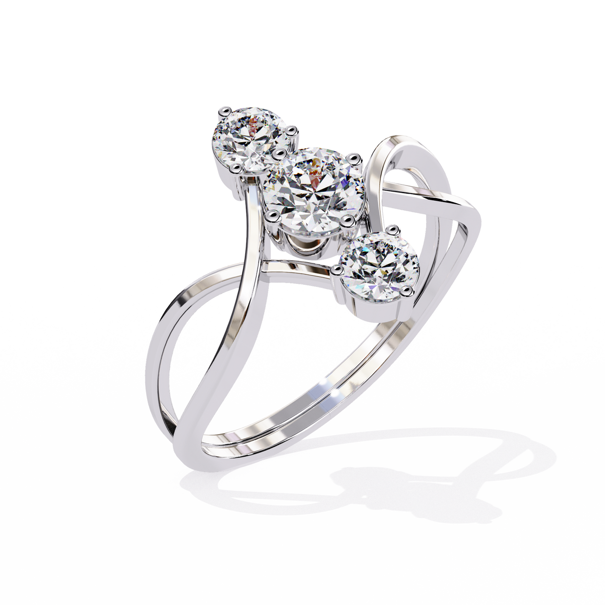 White Gold Three Round Diamond Diagonal Scroll Ring