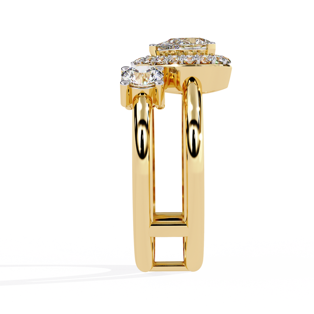 Gold Pear Diamond Halo Ring with Round Accents on Open Double Band