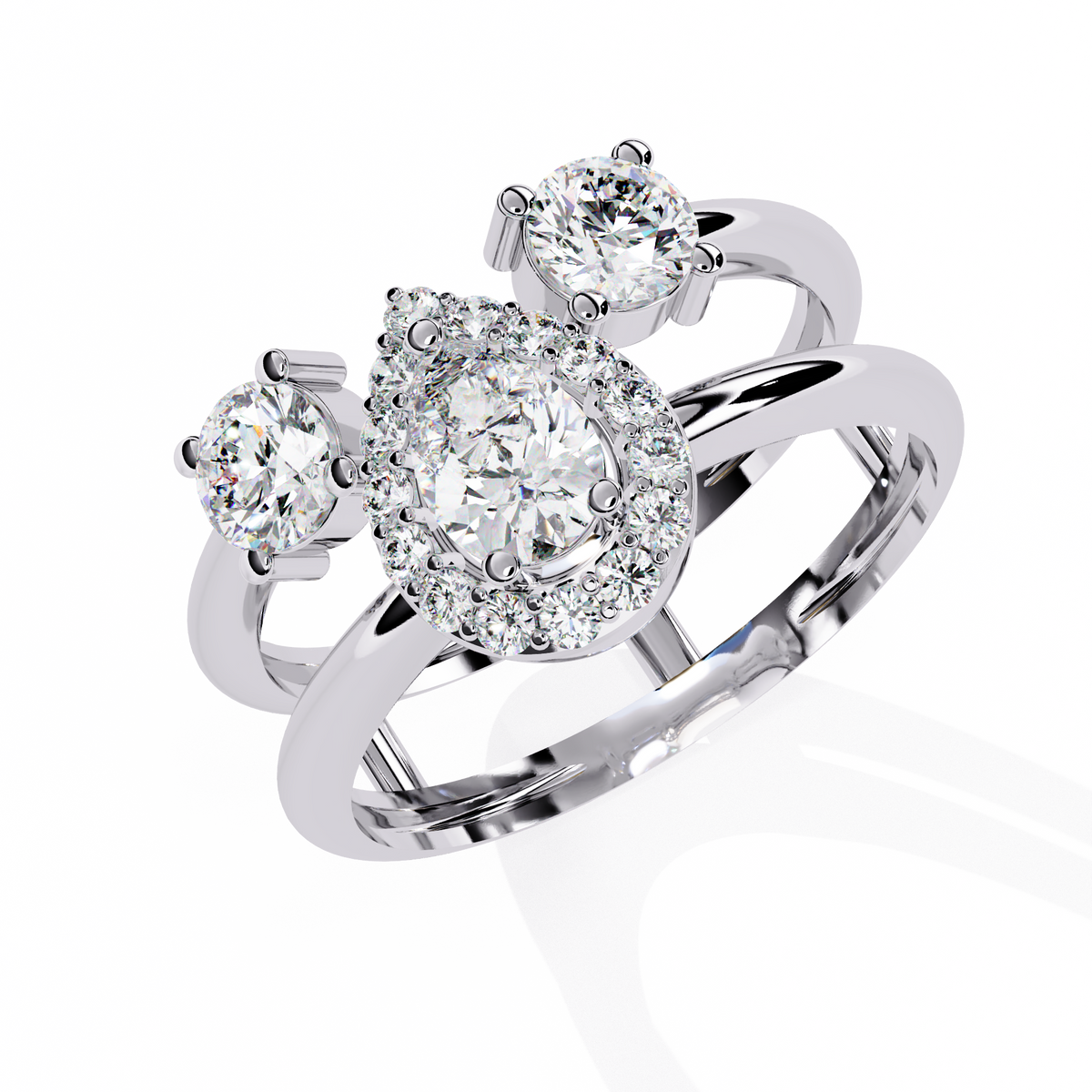 White Gold Oval Halo and Round Diamond Scatter Ring