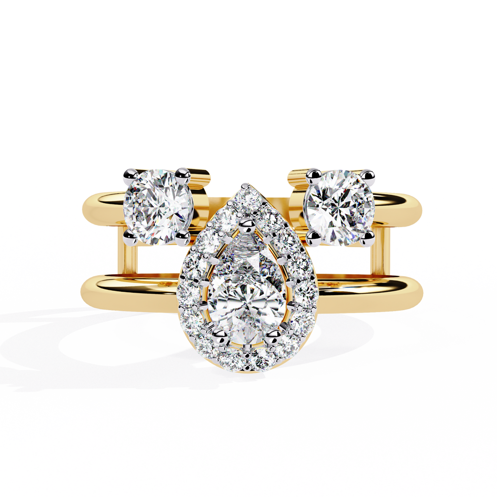 Gold Pear Diamond Halo Ring with Round Accents on Open Double Band