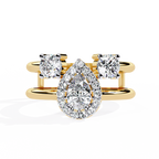 Gold Pear Diamond Halo Ring with Round Accents on Open Double Band