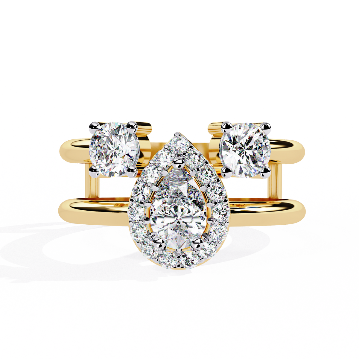 Gold Pear Diamond Halo Ring with Round Accents on Open Double Band