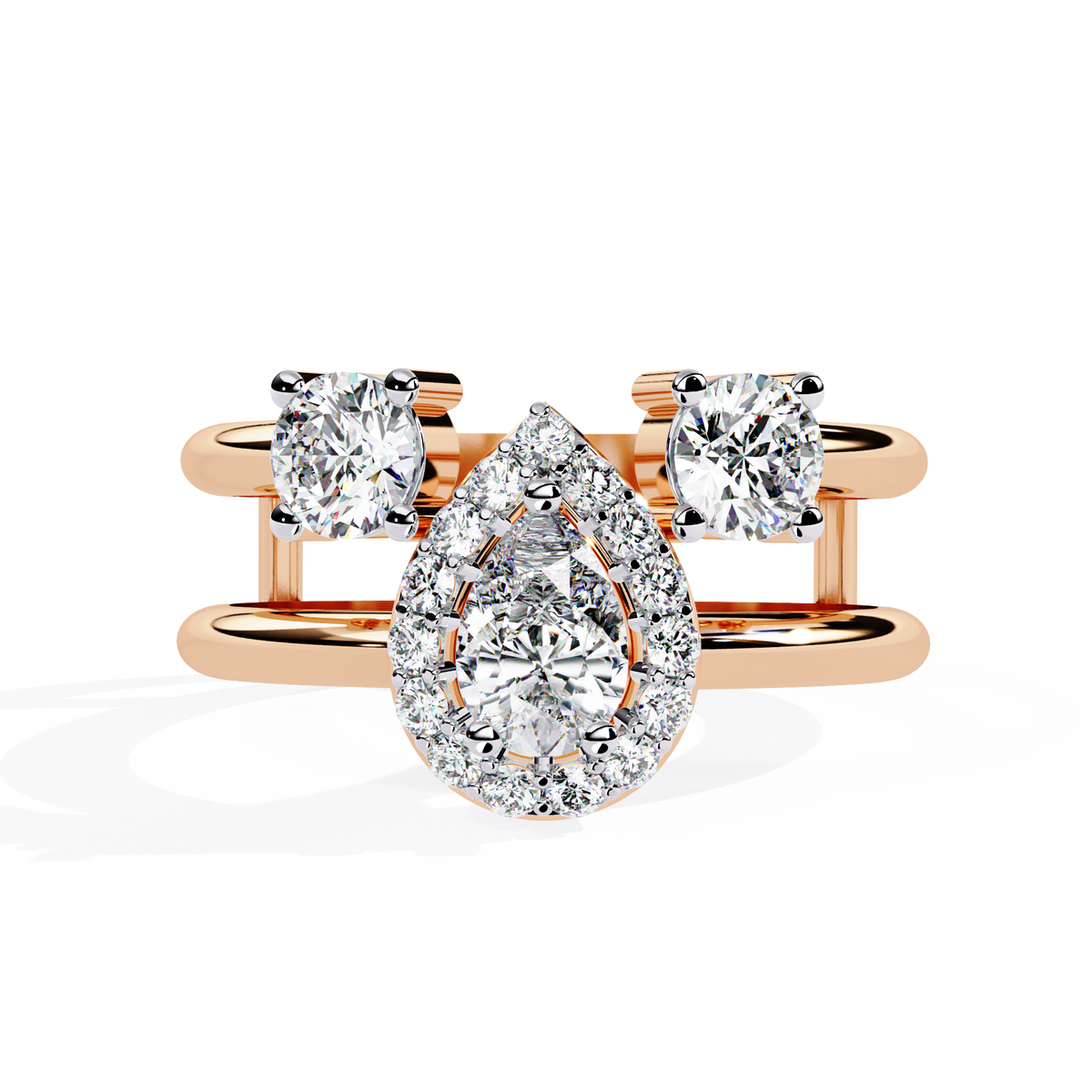 Gold Pear Diamond Halo Ring with Round Accents on Open Double Band