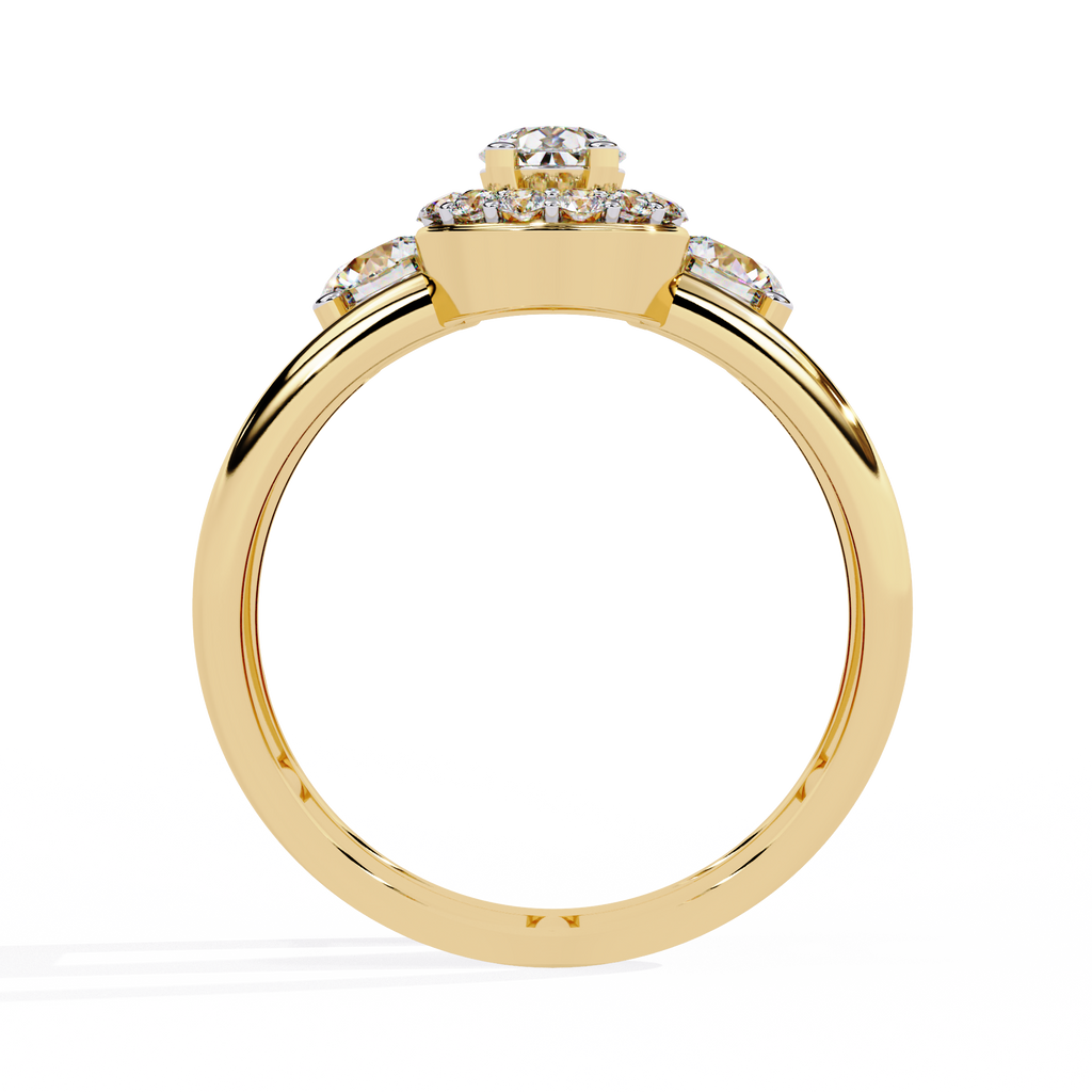 Gold Pear Diamond Halo Ring with Round Accents on Open Double Band