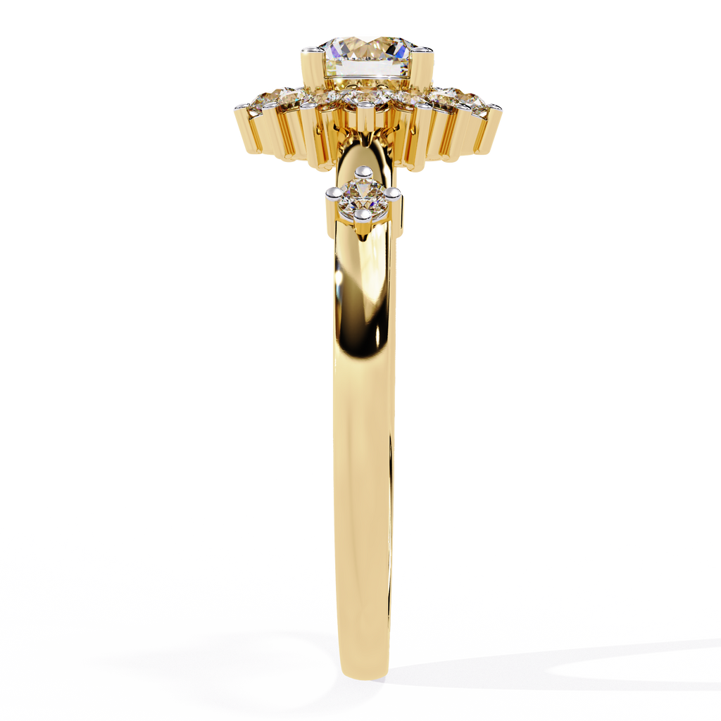 Gold Round Diamond Floral Halo Ring with Accented Shoulders