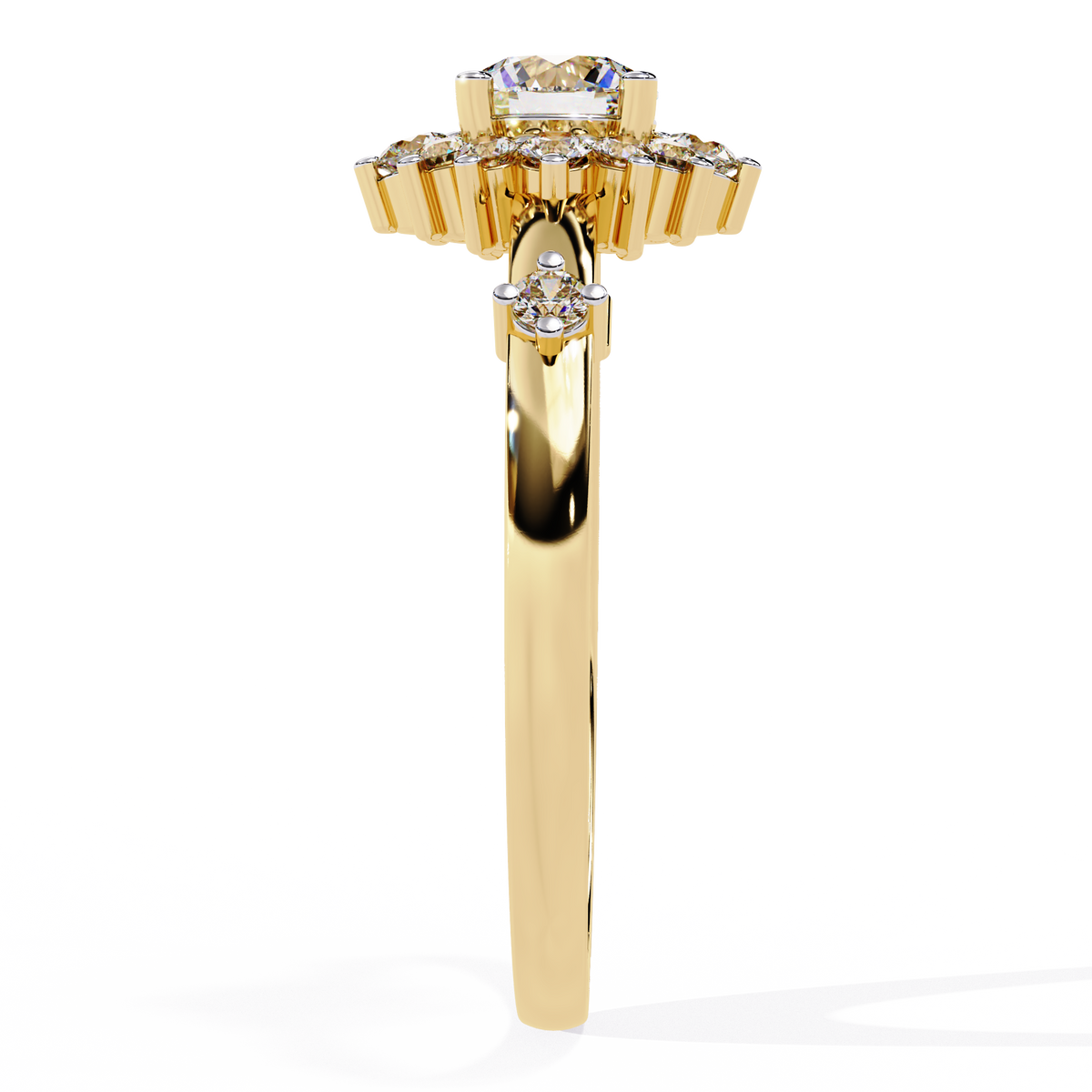 Gold Round Diamond Floral Halo Ring with Accented Shoulders
