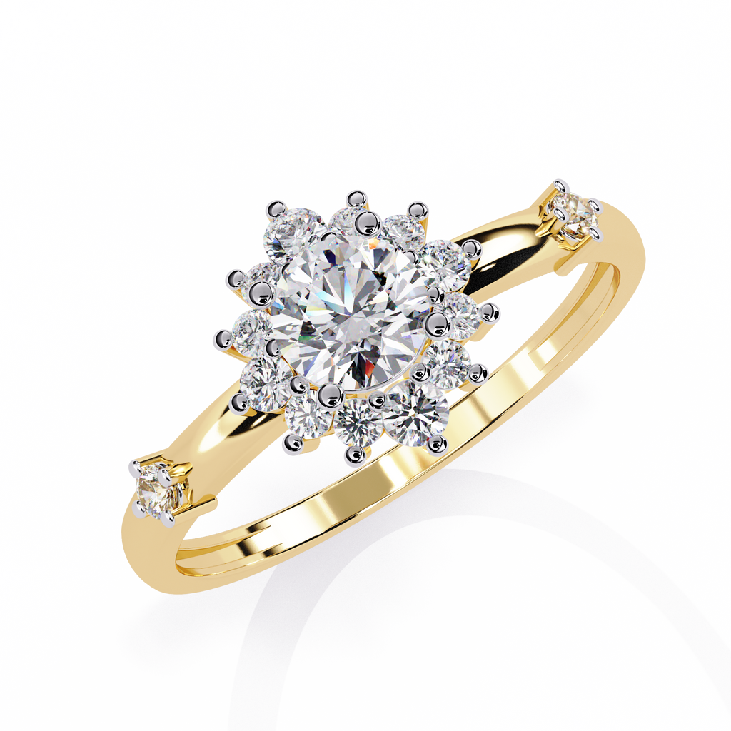 Gold Round Diamond Floral Halo Ring with Accented Shoulders