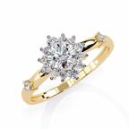 Gold Round Diamond Floral Halo Ring with Accented Shoulders