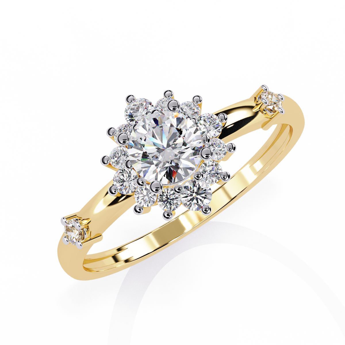 Gold Round Diamond Floral Halo Ring with Accented Shoulders