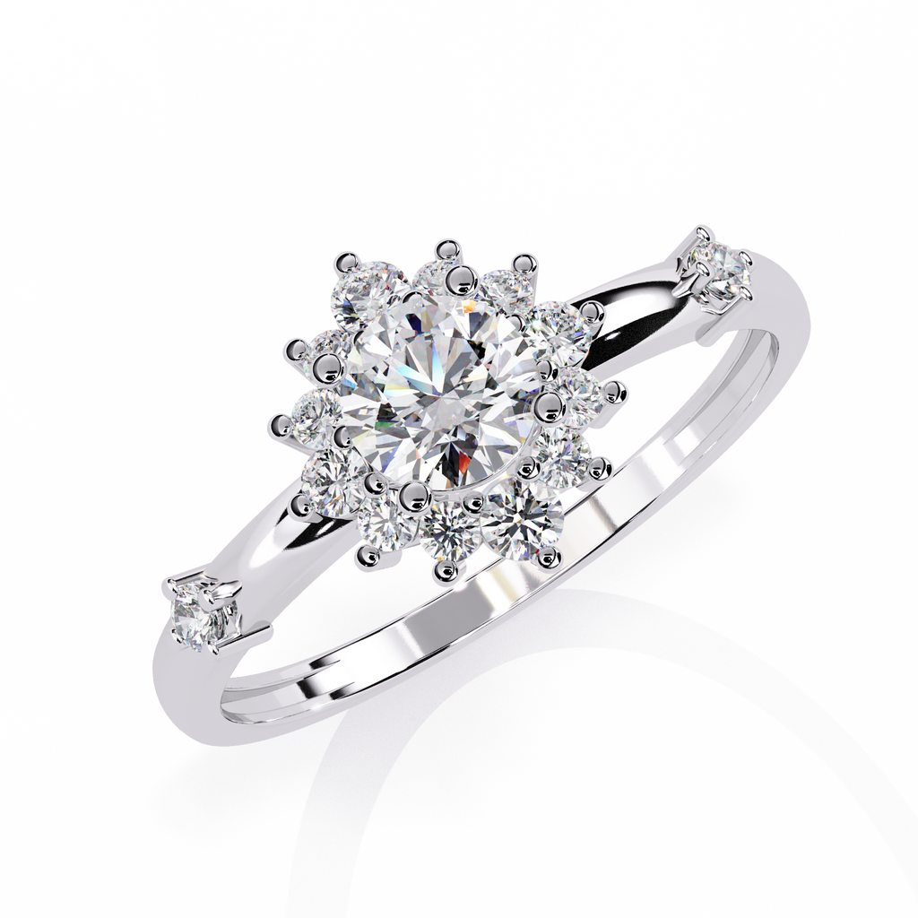 White Gold Round Diamond Sunburst Halo Ring