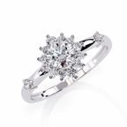 White Gold Round Diamond Sunburst Halo Ring