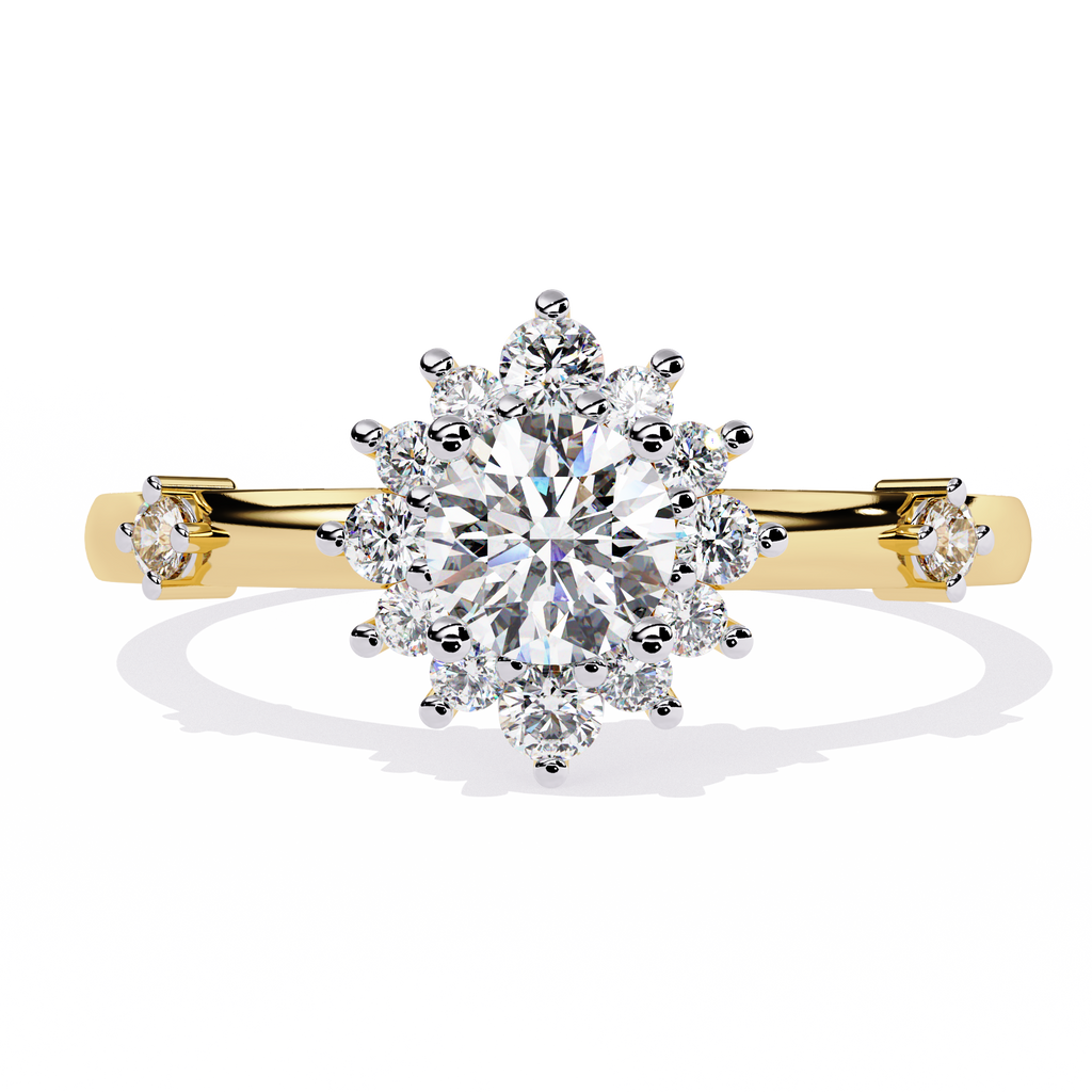 Gold Round Diamond Floral Halo Ring with Accented Shoulders