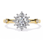 Gold Round Diamond Floral Halo Ring with Accented Shoulders