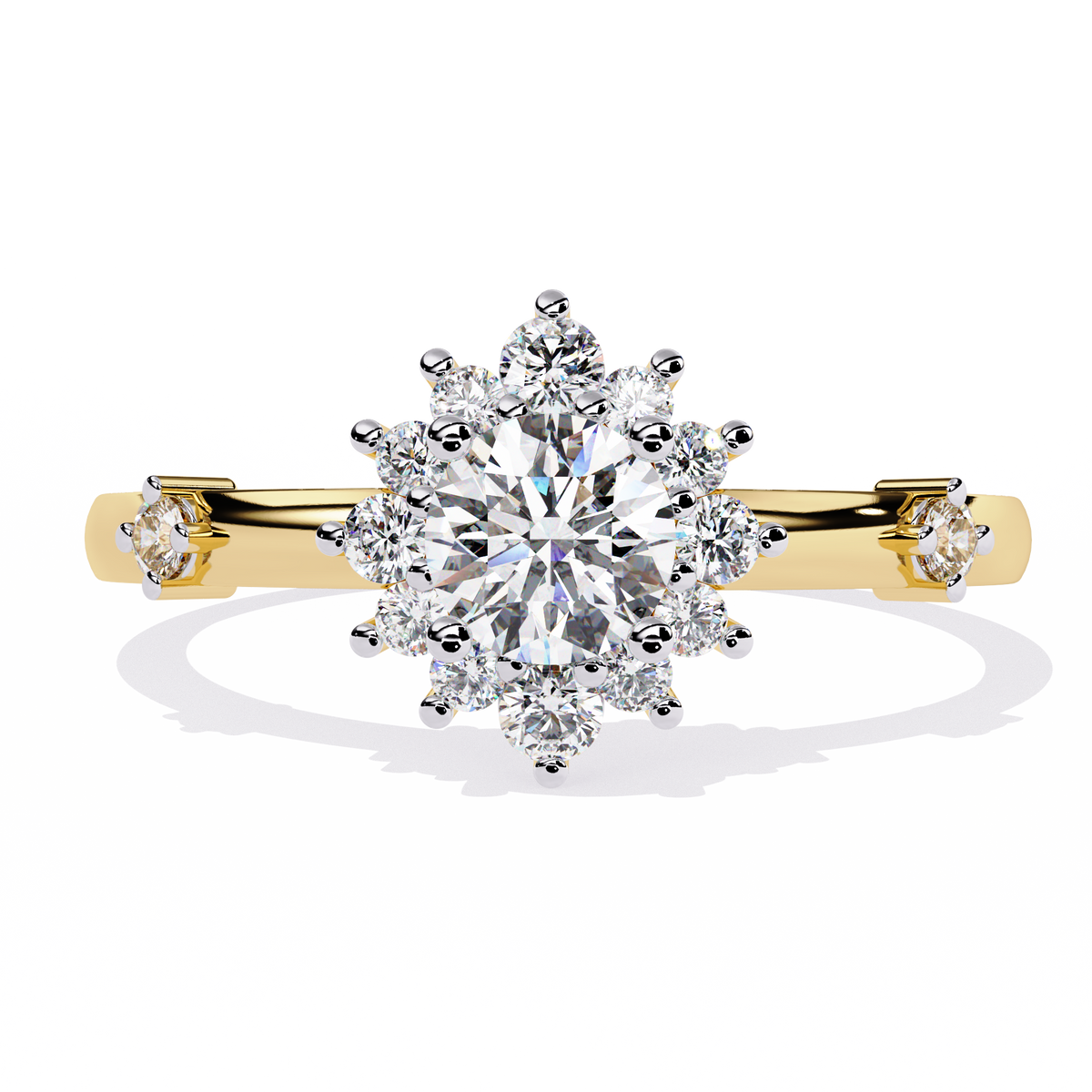 Gold Round Diamond Floral Halo Ring with Accented Shoulders