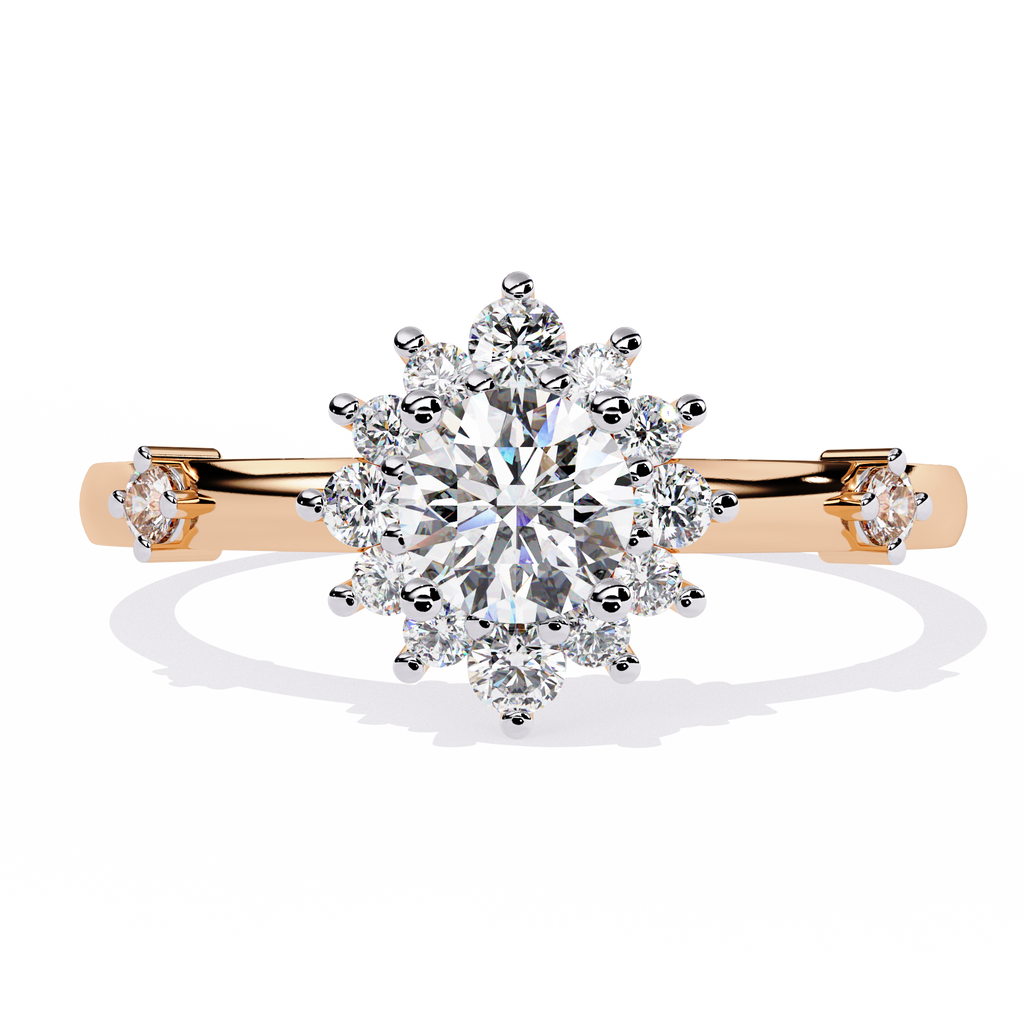Gold Round Diamond Floral Halo Ring with Accented Shoulders
